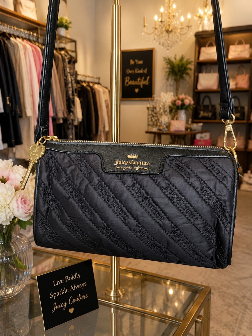 Juicy Couture Black Quilted Crossbody Bag with Gold Hardware